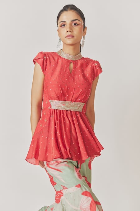 Anu Pellakuru_Red Muslin, Silk Cut Work, Sequins, Embroidery High Embellished Top With Sharara_Online_at_Aza_Fashions