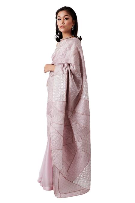 Amaare_Pink Taffeta Embroidery Scoop Neck Embellished Saree With Blouse _Online_at_Aza_Fashions