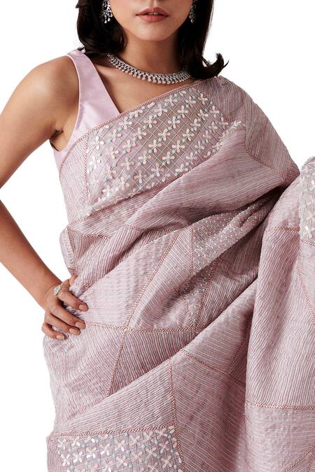Buy_Amaare_Pink Taffeta Embroidery Scoop Neck Embellished Saree With Blouse _Online_at_Aza_Fashions