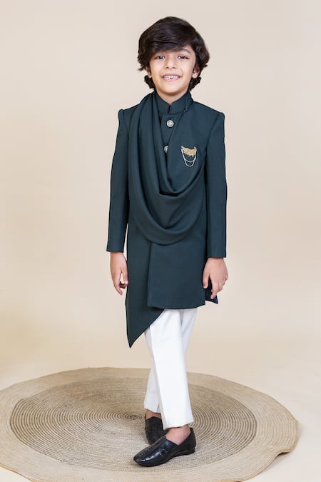 LITTLE BOYS CLOSET Green Kurta Poly Wool Draped Sherwani And Pants 