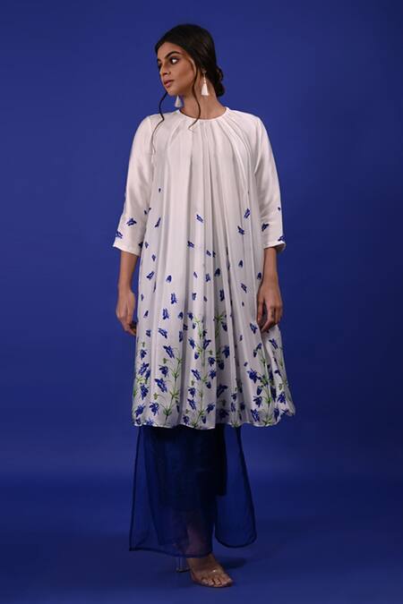 Shop_Rimi Nayak_White Modal, Satin Embroidery Round Neck Clitoria Flower Print Tunic _Online_at_Aza_Fashions