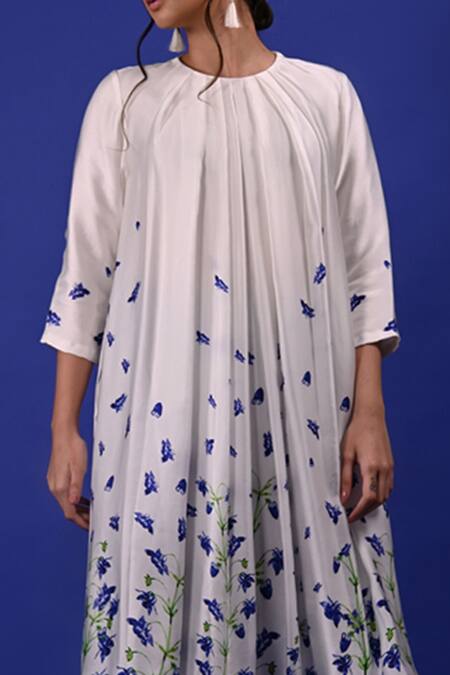 Rimi Nayak_White Modal, Satin Embroidery Round Neck Clitoria Flower Print Tunic _at_Aza_Fashions