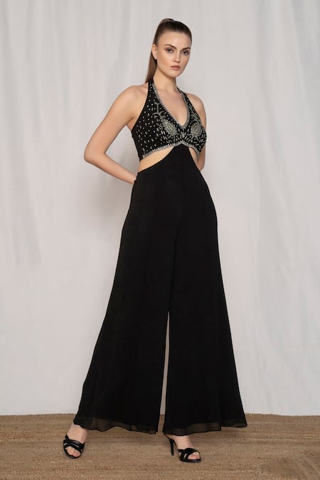 Shop_Amrta By Guneet Kondal_Black Viscose Beads, Sequins Plunge Neck Floral Embroidered Jumpsuit _Online_at_Aza_Fashions