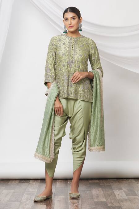 Buy_Jayanti Reddy_Green Floral Round Embroidered Tunic Dhoti Pant Set _Online_at_Aza_Fashions