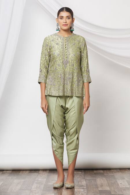 Jayanti Reddy_Green Floral Round Embroidered Tunic Dhoti Pant Set _Online_at_Aza_Fashions