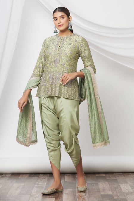 JAYANTI REDDY Green Embroidered Floral Round Tunic Dhoti Pant Set  