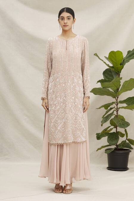Varun Nidhika_Peach Sequin Embroidered Palazzo Set_Online_at_Aza_Fashions