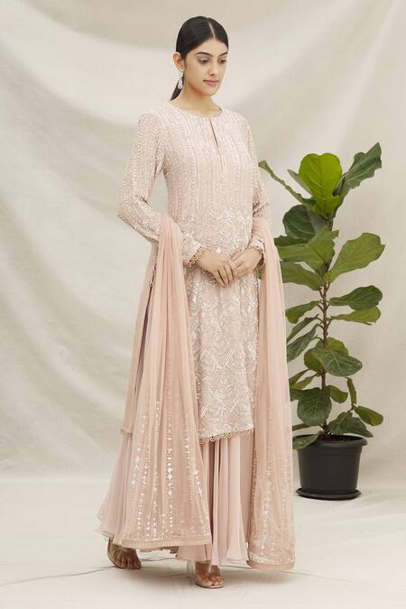 Buy_Varun Nidhika_Peach Sequin Embroidered Palazzo Set_Online_at_Aza_Fashions