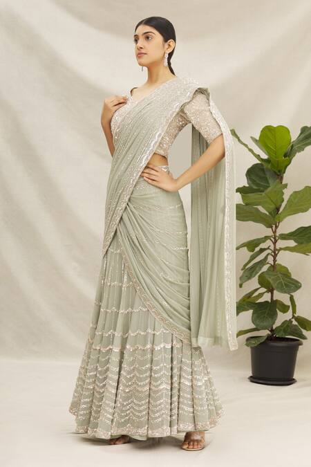 Buy_Varun Nidhika_Green Scallop Embroidered Lehenga Saree Set_Online_at_Aza_Fashions