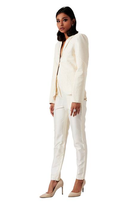 Amaare_White Taffeta Embroidery Shawl Lapel Pintuck Jacket And Pant Set _Online_at_Aza_Fashions