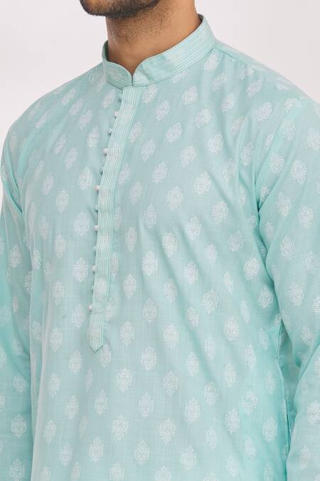 Shop Arihant Rai Sinha Green Handloom Cotton Embroidery Floral Print Kurta Online at Aza Fashions Shop_Arihant Rai Sinha_Green Handloom Cotton Embroidery Floral Print Kurta _Online_at_Aza_Fashions