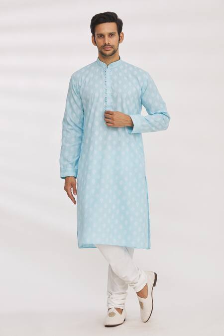Arihant Rai Sinha_Blue Handloom Cotton Embroidery Floral Pattern Print Kurta_Online_at_Aza_Fashions