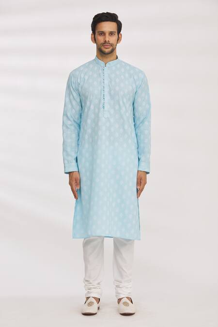 Buy_Arihant Rai Sinha_Blue Handloom Cotton Embroidery Floral Pattern Print Kurta_Online_at_Aza_Fashions