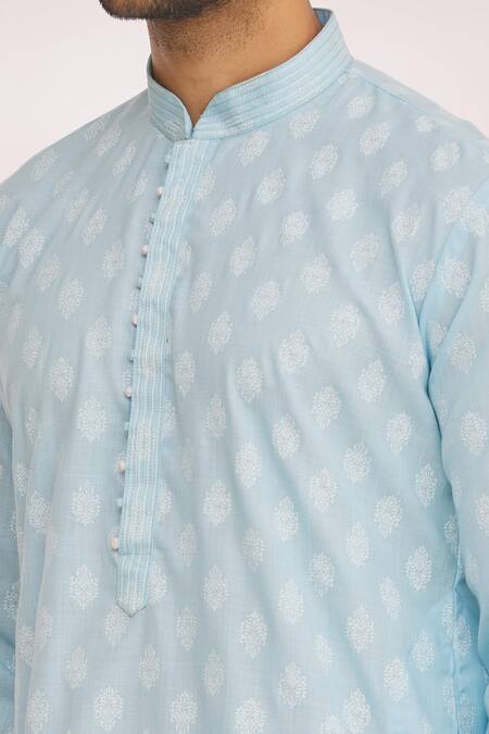 Shop_Arihant Rai Sinha_Blue Handloom Cotton Embroidery Floral Pattern Print Kurta_Online_at_Aza_Fashions