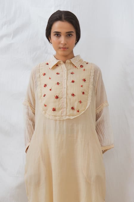 Dhaari_Beige Cotton Silk Kantha Collared Neck Embriodered Yoke Kurta _Online_at_Aza_Fashions