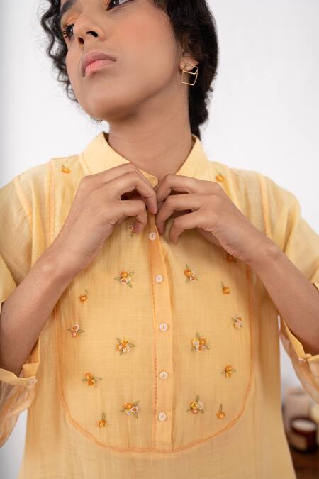 Dhaari_Orange Cotton Silk Kantha Collared Neck Handwoven Puff Sleeve Dress _Online_at_Aza_Fashions