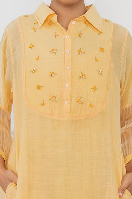 Buy_Dhaari_Orange Cotton Silk Kantha Collared Neck Handwoven Puff Sleeve Dress _Online_at_Aza_Fashions