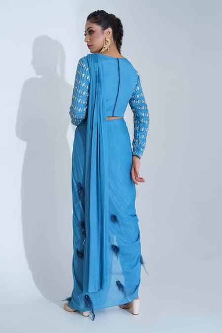 Shop Suruchi Parakh Blue Georgette Crepe And Tussar Silk Lining Shantoon Pre-draped Pant Saree Set at Aza Fashions Shop_Suruchi Parakh_Blue Georgette Crepe And Tussar Silk Lining Shantoon Pre-draped Pant Saree Set_at_Aza_Fashions