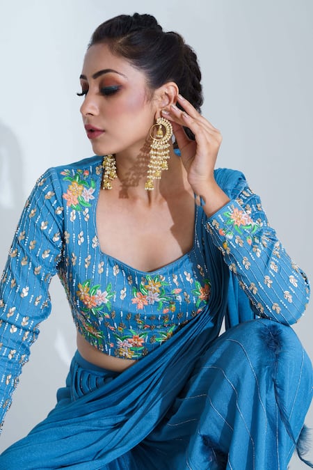 Buy Suruchi Parakh Blue Georgette Crepe And Tussar Silk Lining Shantoon Pre-draped Pant Saree Set Online at Aza Fashions Buy_Suruchi Parakh_Blue Georgette Crepe And Tussar Silk Lining Shantoon Pre-draped Pant Saree Set_Online_at_Aza_Fashions