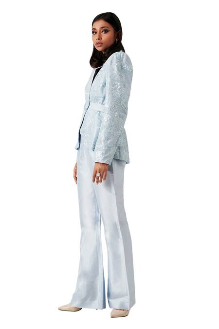 Amaare_Blue Taffeta Embroidery Shawl Lapel Embellished Jacket And Pant Set _Online_at_Aza_Fashions
