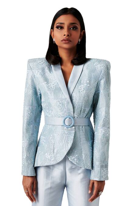 Buy_Amaare_Blue Taffeta Embroidery Shawl Lapel Embellished Jacket And Pant Set _Online_at_Aza_Fashions