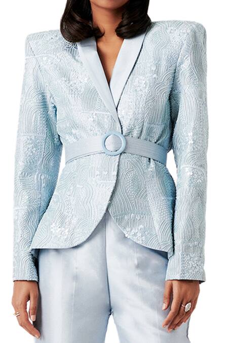 Amaare_Blue Taffeta Embroidery Shawl Lapel Embellished Jacket And Pant Set _at_Aza_Fashions