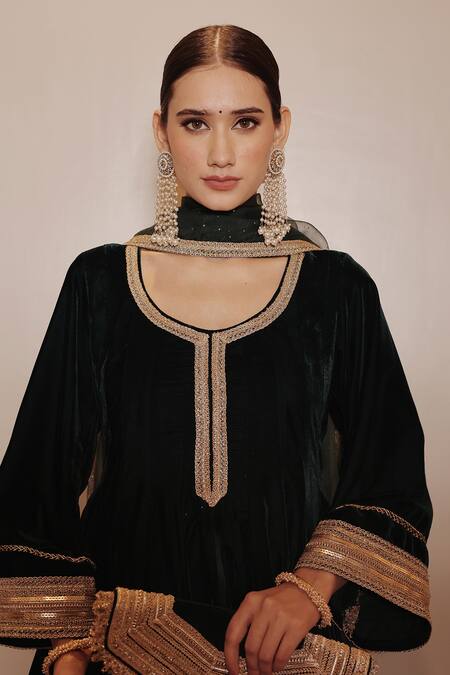 Shop_Shrutkirti_Green Silk, Velvet, Chiffon Embroidery Scoop Neck Zoya Anarkali Salwar Set _Online_at_Aza_Fashions