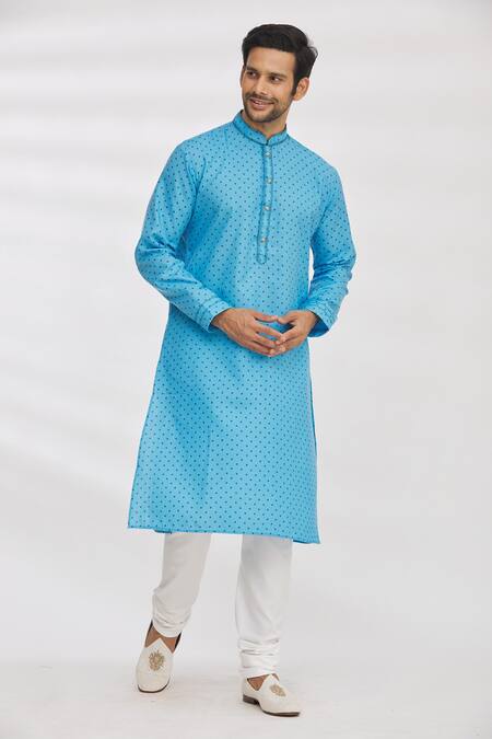 Arihant Rai Sinha_Blue Handloom Cotton Embroidery Geometric Print Kurta _Online_at_Aza_Fashions