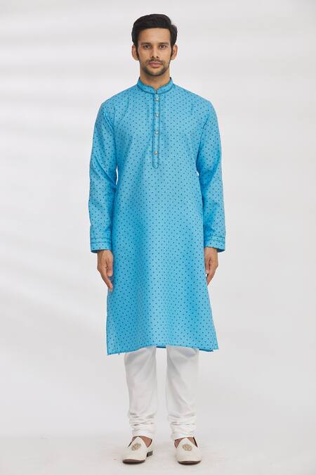 Buy_Arihant Rai Sinha_Blue Handloom Cotton Embroidery Geometric Print Kurta _Online_at_Aza_Fashions