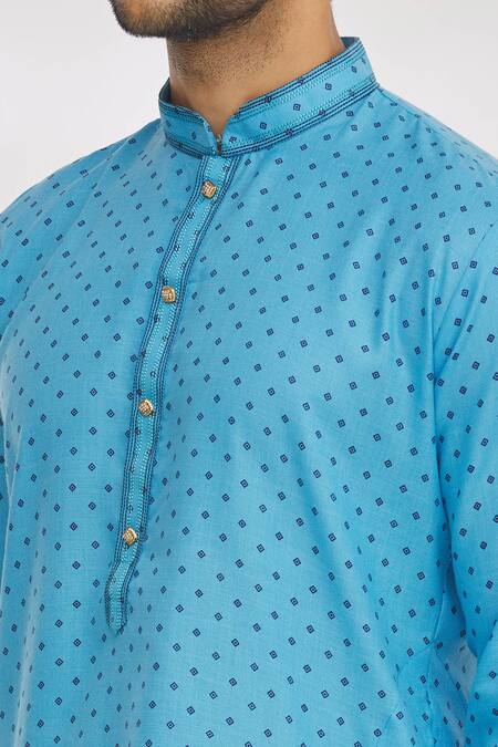 Shop_Arihant Rai Sinha_Blue Handloom Cotton Embroidery Geometric Print Kurta _Online_at_Aza_Fashions
