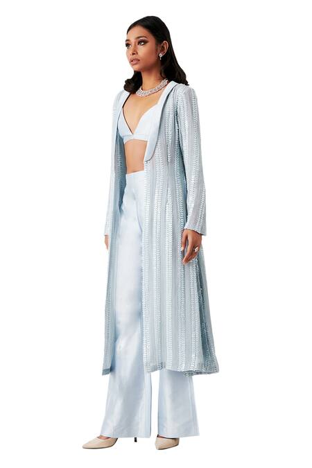 Amaare_Blue Taffeta Embroidery Open Embellished Jacket And Pant Set _Online_at_Aza_Fashions