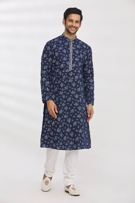 Arihant Rai Sinha_Blue Handloom Cotton Embroidery Floral Print Kurta_Online_at_Aza_Fashions