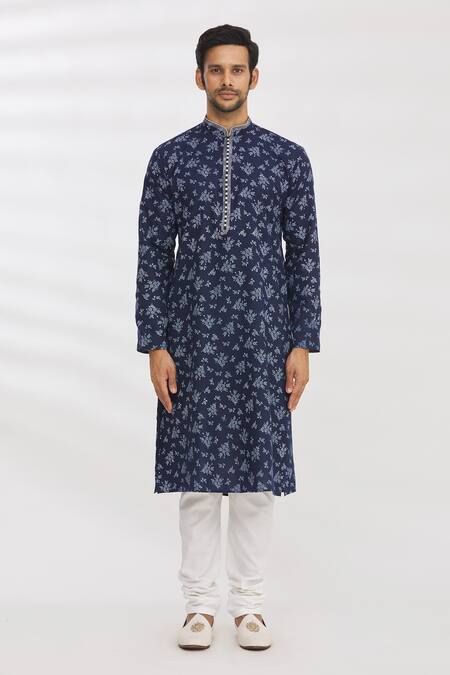 Buy_Arihant Rai Sinha_Blue Handloom Cotton Embroidery Floral Print Kurta_Online_at_Aza_Fashions