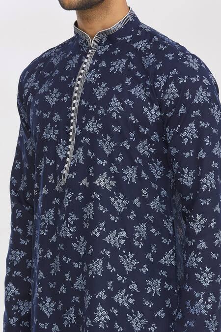 Shop_Arihant Rai Sinha_Blue Handloom Cotton Embroidery Floral Print Kurta_Online_at_Aza_Fashions