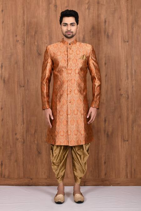 Aryavir Malhotra_Orange Jacquard Silk Woven Floral Motifs Sherwani Set _Online_at_Aza_Fashions