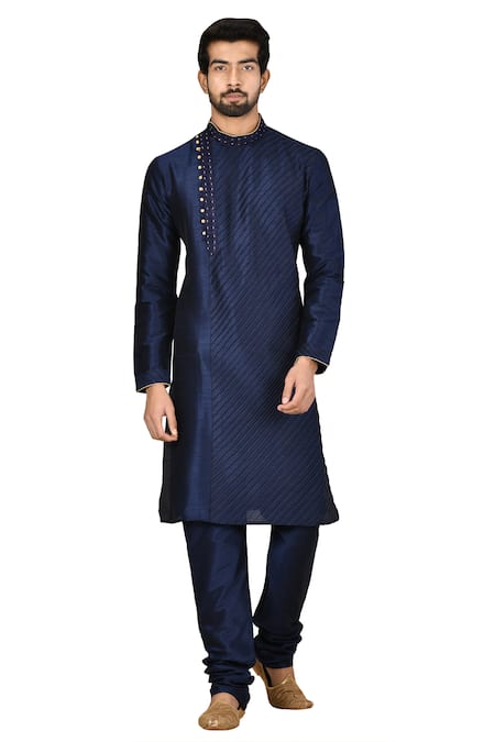 Shop_Arihant Rai Sinha_Blue Silk, Cotton Embroidery Kurta Set _Online_at_Aza_Fashions