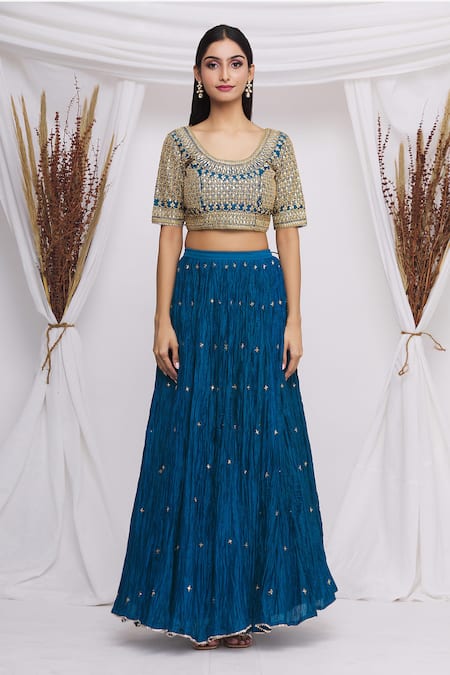 Buy_Surbhi Shah_Blue Chanderi Floral Motifs Round Lehenga Set _Online_at_Aza_Fashions