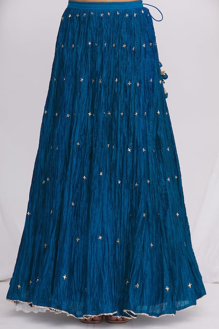 Shop_Surbhi Shah_Blue Chanderi Floral Motifs Round Lehenga Set _Online_at_Aza_Fashions