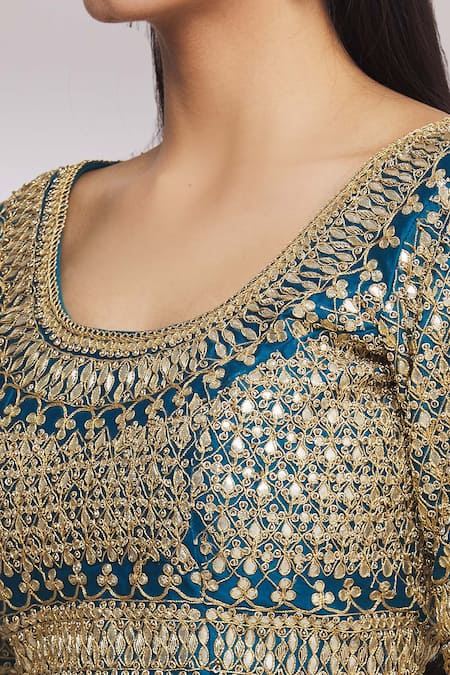 Surbhi Shah_Blue Chanderi Floral Motifs Round Lehenga Set _at_Aza_Fashions