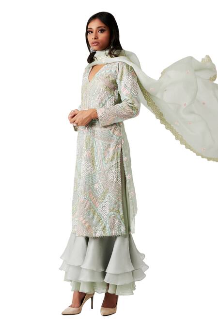 Amaare_Green Organza Embroidery V Neck Embellished Kurta Set _Online_at_Aza_Fashions