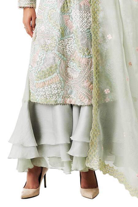 Shop_Amaare_Green Organza Embroidery V Neck Embellished Kurta Set _Online_at_Aza_Fashions