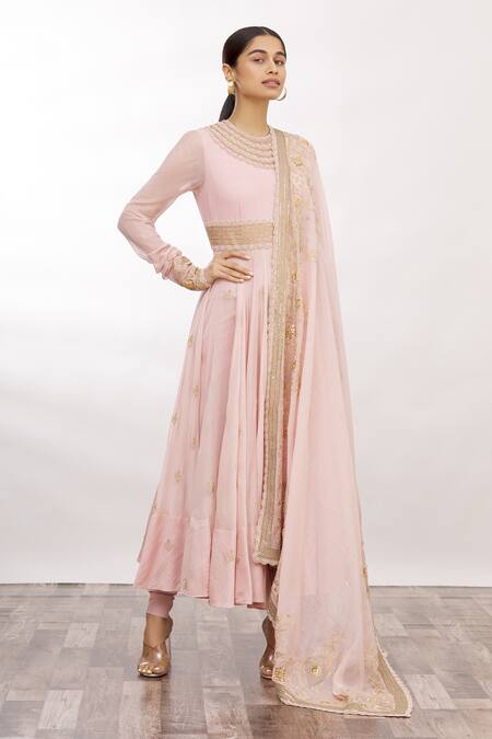 Anamika Khanna_Pink Embroidered Anarkali Set_Online_at_Aza_Fashions