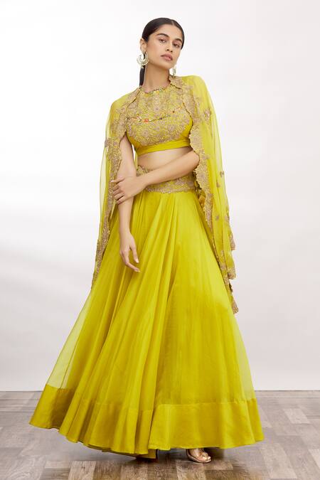 Anamika Khanna_Yellow Embroidered Cape And Lehenga Set_Online_at_Aza_Fashions