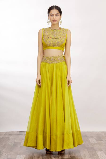 Buy_Anamika Khanna_Yellow Embroidered Cape And Lehenga Set_Online_at_Aza_Fashions