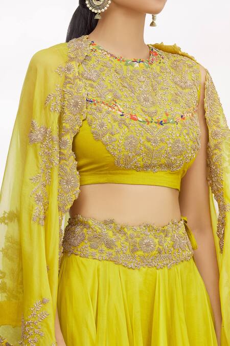 Anamika Khanna_Yellow Embroidered Cape And Lehenga Set_at_Aza_Fashions