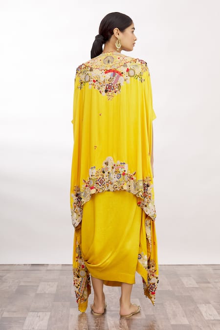Shop Anamika Khanna Yellow V Neck Kaftan Kurta And Draped Skirt Set at Aza Fashions Shop_Anamika Khanna_Yellow V Neck Kaftan Kurta And Draped Skirt Set _at_Aza_Fashions