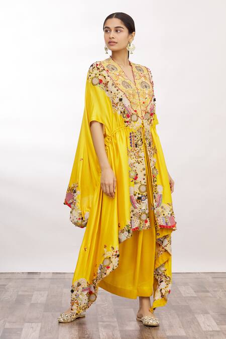 Anamika Khanna Yellow V Neck Kaftan Kurta And Draped Skirt Set Online at Aza Fashions Anamika Khanna_Yellow V Neck Kaftan Kurta And Draped Skirt Set _Online_at_Aza_Fashions
