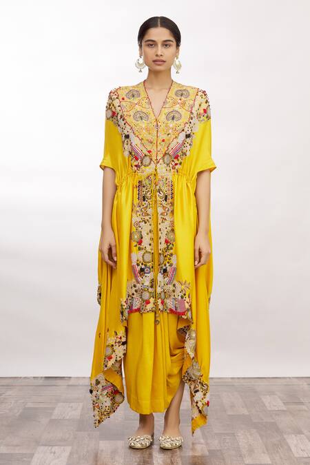 Buy Anamika Khanna Yellow V Neck Kaftan Kurta And Draped Skirt Set Online at Aza Fashions Buy_Anamika Khanna_Yellow V Neck Kaftan Kurta And Draped Skirt Set _Online_at_Aza_Fashions