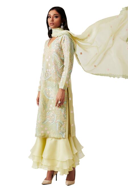 Amaare_Yellow Organza Embroidery V Neck Embellished Kurta Set _Online_at_Aza_Fashions