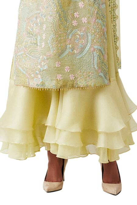 Buy_Amaare_Yellow Organza Embroidery V Neck Embellished Kurta Set _Online_at_Aza_Fashions